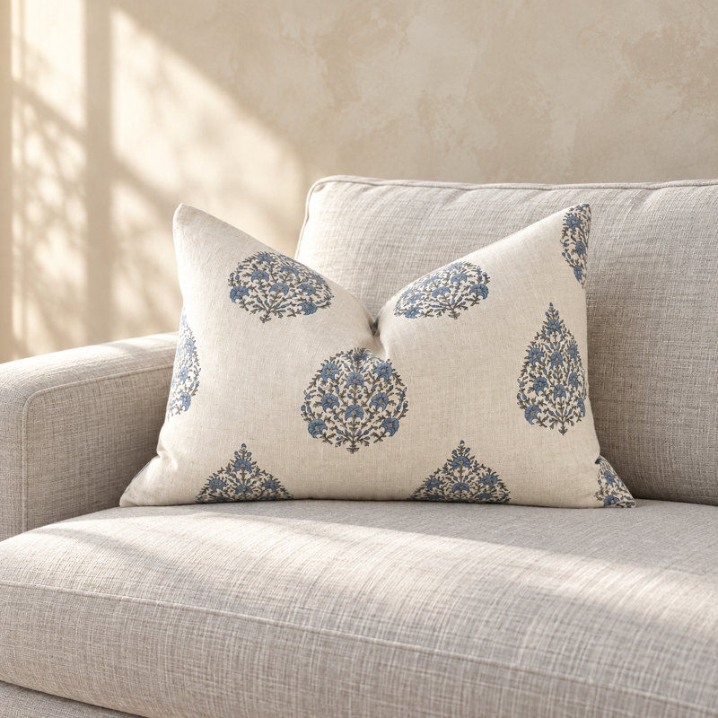 Blue Floral Block Print, 1 Pillow Set, Rectangle 16"H x 24"W