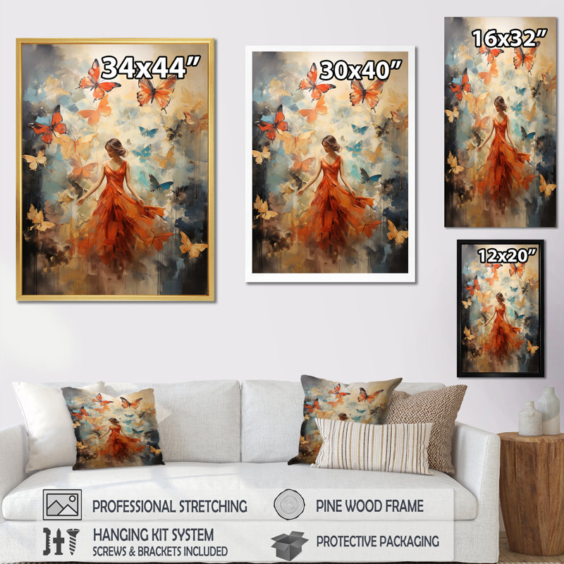 «Butterfly and Woman Dance» - Art mural sur toile, Cadre flottant noir, H 32 po x l 16 po x P 1 po