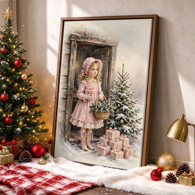 Jeune fille dans une robe rose avec des cadeaux de Noël, art mural sur toile, 16 x 24 po