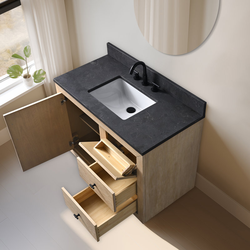 Ensemble de meuble-lavabo sur pied à simple cuve 42 po avec plateau en calcaire noir Avignon, Blé clair