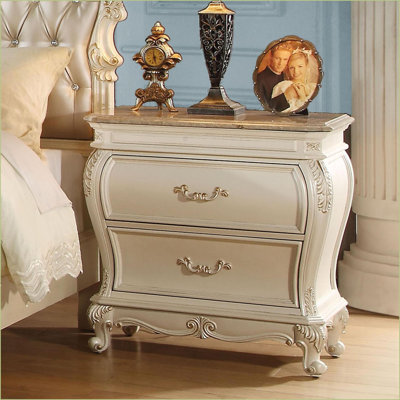 Table de chevet 2 tiroirs blanc perle avec plateau en granite Queen Queen Legs