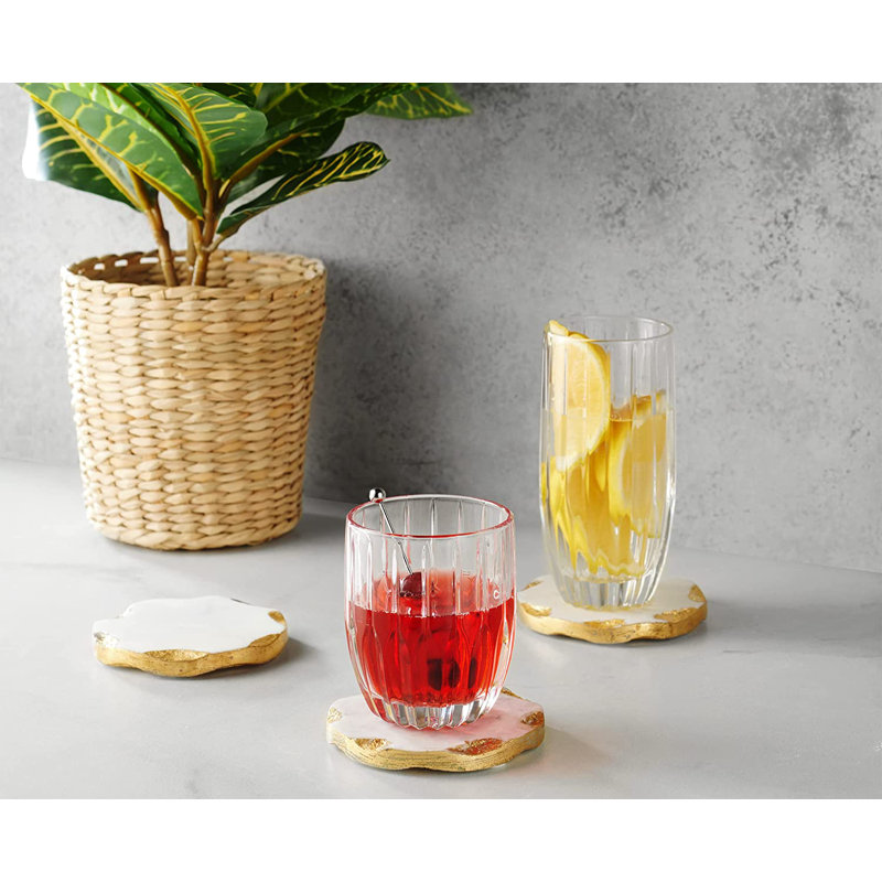 Edica Marquise Raw Edge Marble Coaster Set, White/Gold