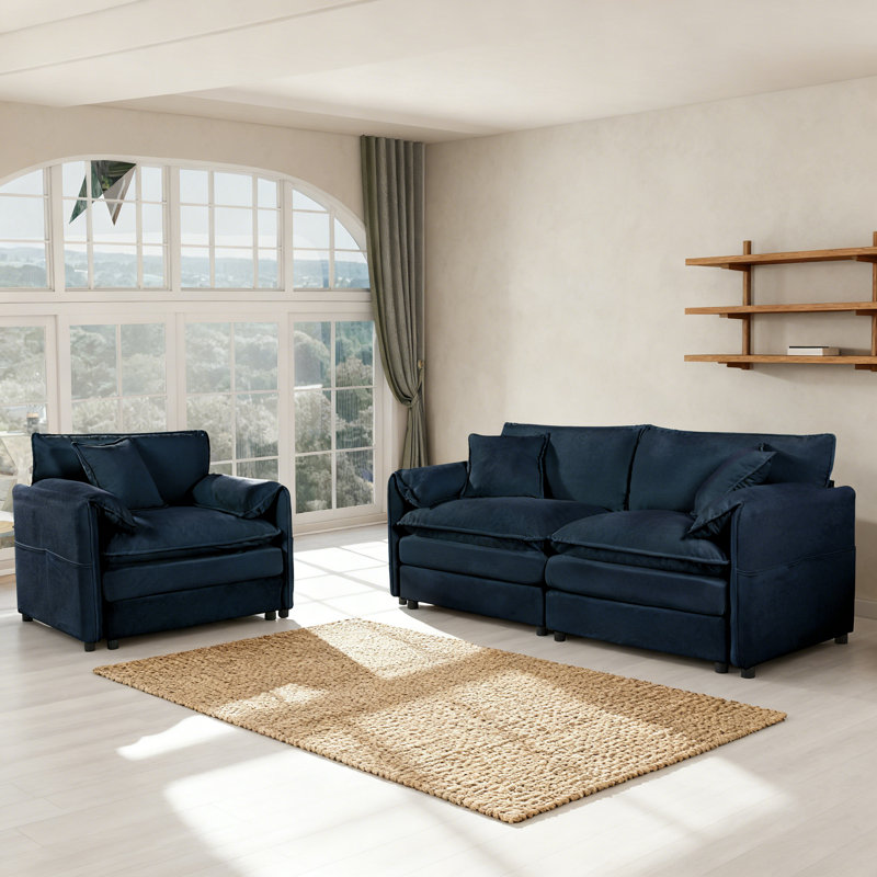Ensemble de causeuse luxueuse 2 pièces avec 3 coussins, canapé moderne et fauteuil, Bleu