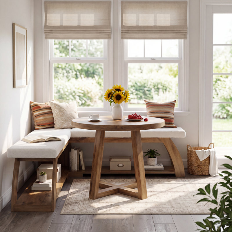 Banc d'angle en L, banc de coin-repas avec siège rembourré et tablette inférieure