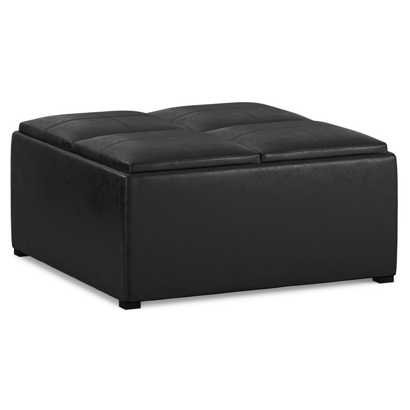 Repose-pieds de rangement pour table basse moderne carrée en cuir végétalien vieilli 35 po avec 4 plateaux Avalon, Noir