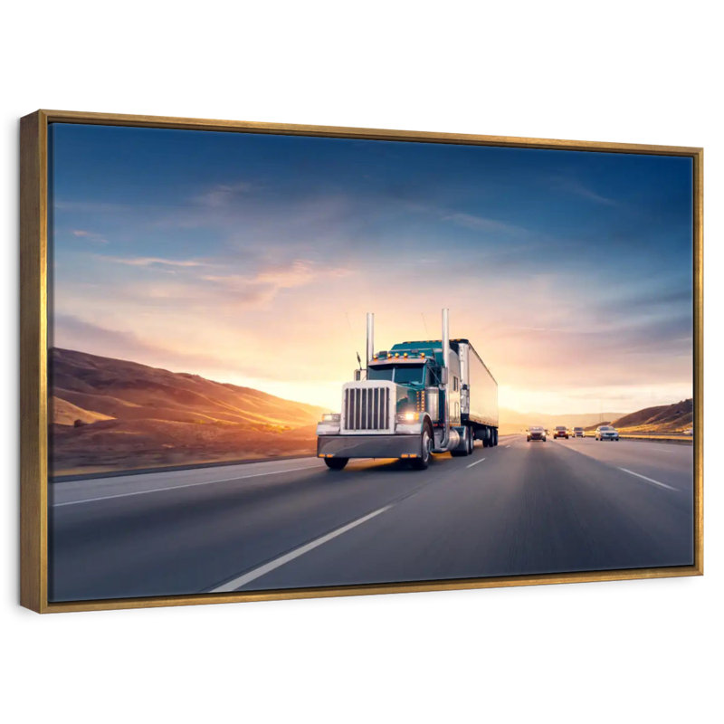 Excès de vitesse d'un camion au coucher du soleil, 13 po x 9 po, Cadre flottant doré
