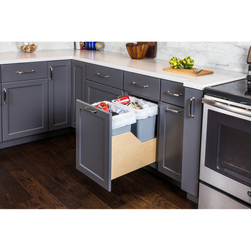Waste Solution-Wood-Double 50 Solid Wood Open Pull Out Trash Can - 12.5 Gallons, Gray