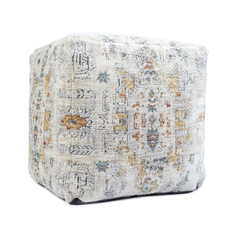 Light Gray/Ivory Transitional Medallion Cube Ottoman Pouf