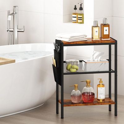Petite table d'appoint étroite pour les petits espaces, table de bout mince avec sac de rangement, table de collation avec canapé en filet métallique réglable, table d'appoint 3 niveaux pour salon et chambre à coucher, brun rustique
