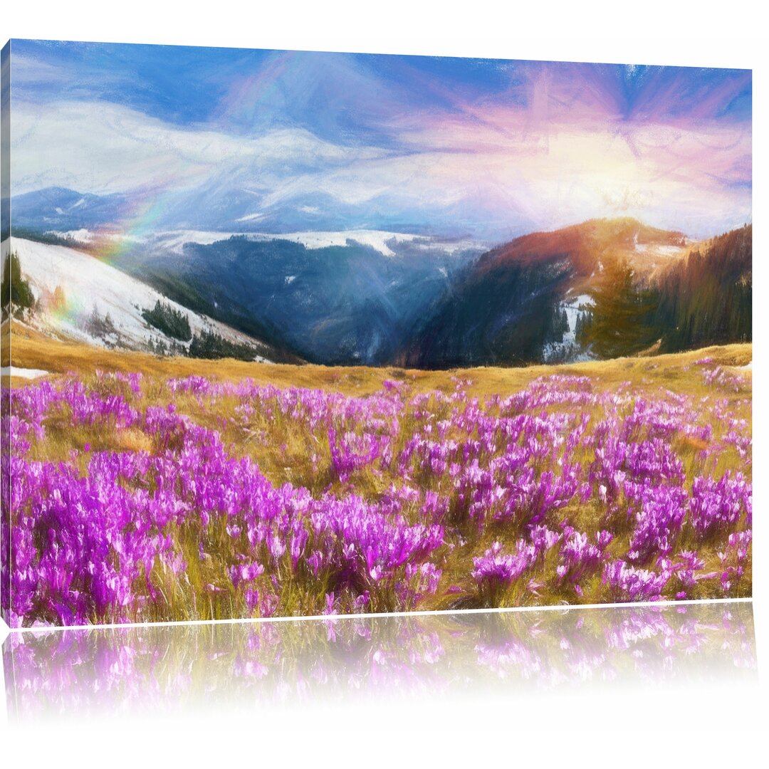 Leinwandbild „Schneebedeckte Berglandschaft mit Regenbogen und blühenden Krokussen“, Grafikdruck