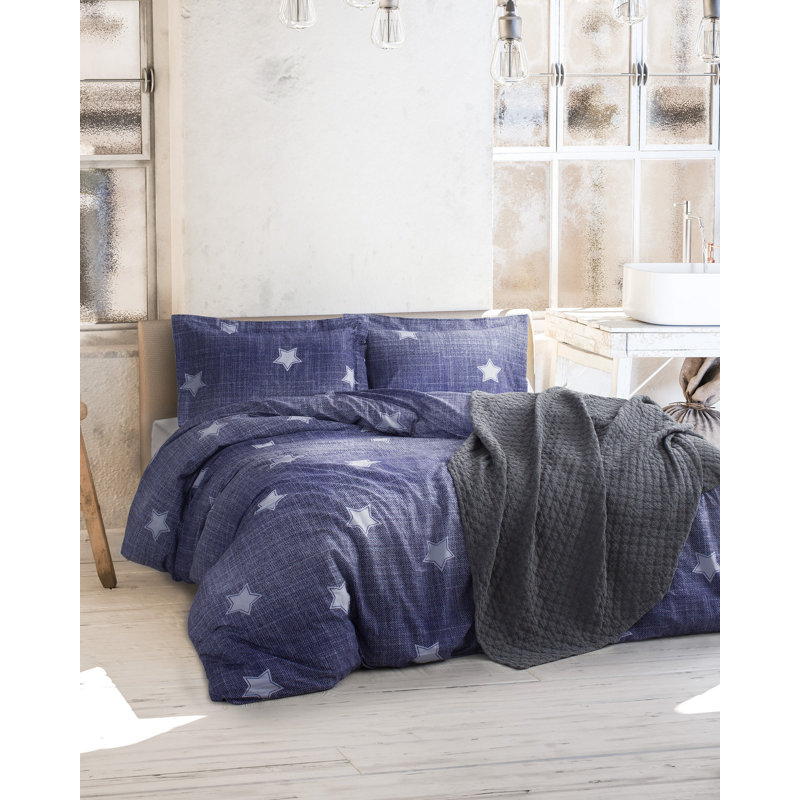 Ensemble de housse de couette 100% coton Ranforce, bleu foncé et blanc, housse de couette 55,1 po x 78,7 po, taie d'oreiller 23,6 po x 23,6 po | 145 fils | Lavable à la machine, fermeture à boutons, conception élégante pour les chambres confortables