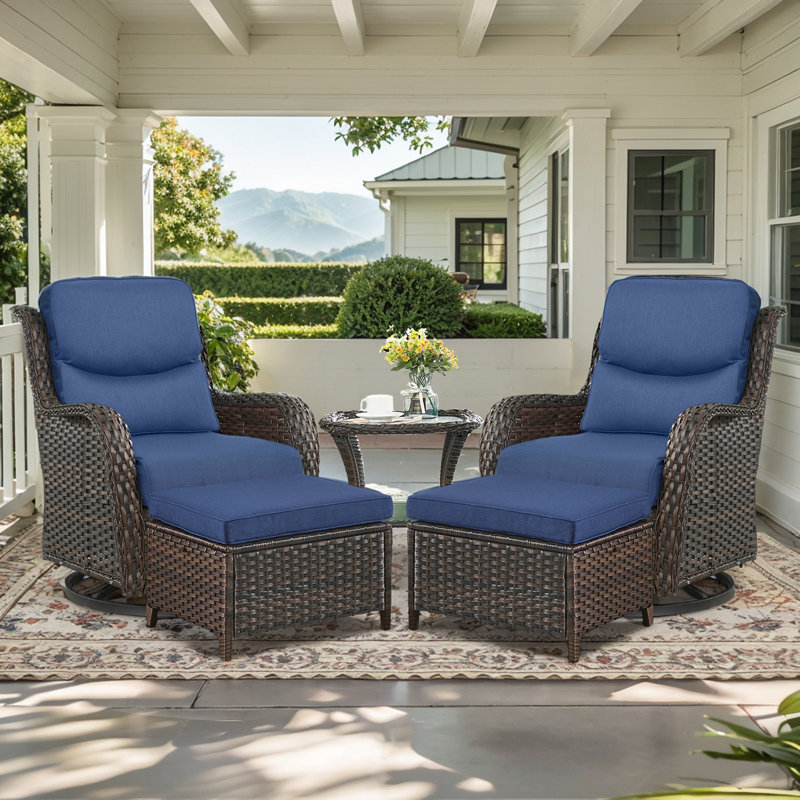 Koba 5-Piece Outdoor Conversation Set – Swivel Rocking Chairs with Ottomans & Side Table, Blue, Brown