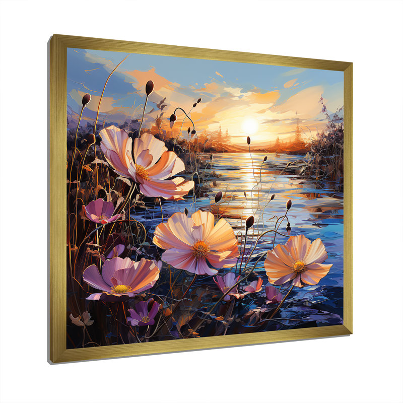 «Pink Morning Glory», art liquide sur fond de fleurs III sur toile, Cadre doré simple, H 36 po x l 36 po x P 1,5 po