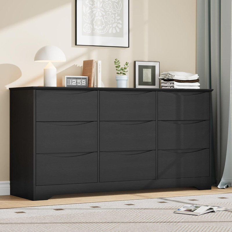 Commode 9 tiroirs en bois, grande commode de rangement moderne avec plateau large pour chambre à coucher, salon et couloir