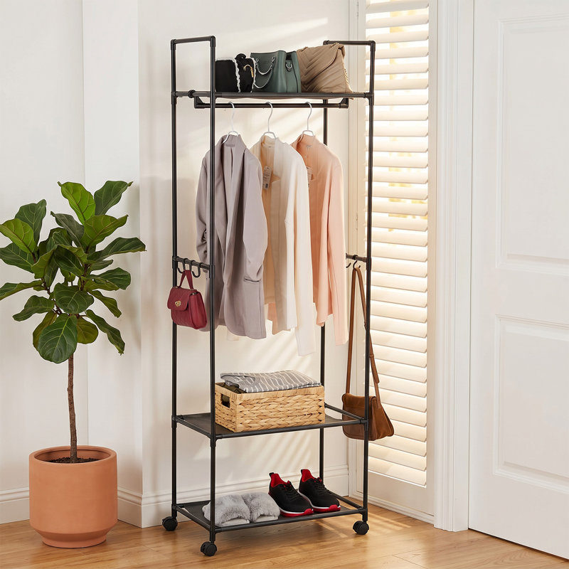 Portant à vêtements roulant 3 en 1 ultra-résistant, organisateur de placard portatif avec structure en acier au carbone - Roues verrouillables - Barre de suspension + Étagère supérieure pour sacs + Étagères de rangement à 2 niveaux, Noir