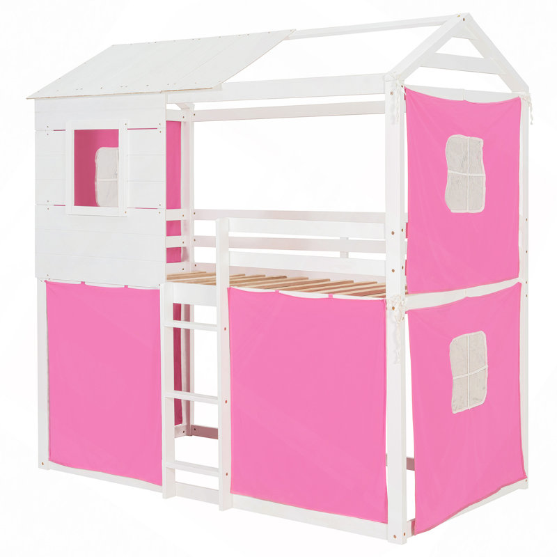 Lit superposé en bois avec tente, Rose/Blanc