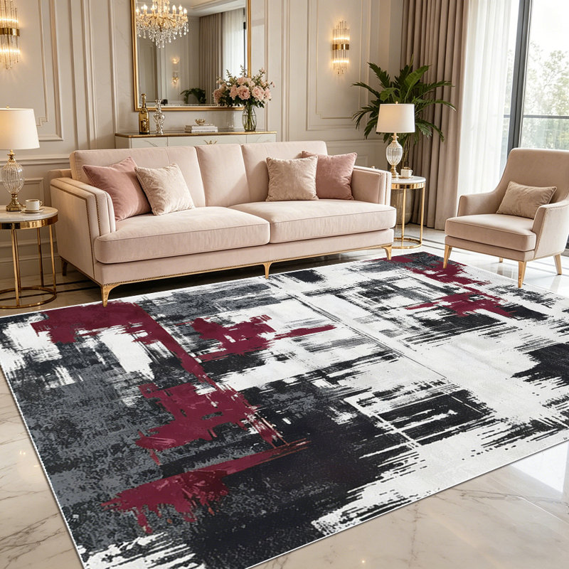 1PC Modern Abstract Distressed Brushstroke Burgundy Black and White area rugs for Living Room, Soft and Comfortable, easy-to-maintain, machine washable Indoor floor mat suitable for dining table area, bedroom, home office, entryway, kitchen, patio.