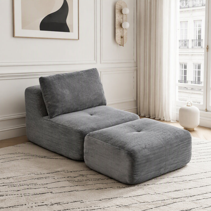 Chaise longue moderne en velours côtelé et mousse à mémoire de forme, sans assemblage, gris, L 69,68 po, Velours côtelé gris