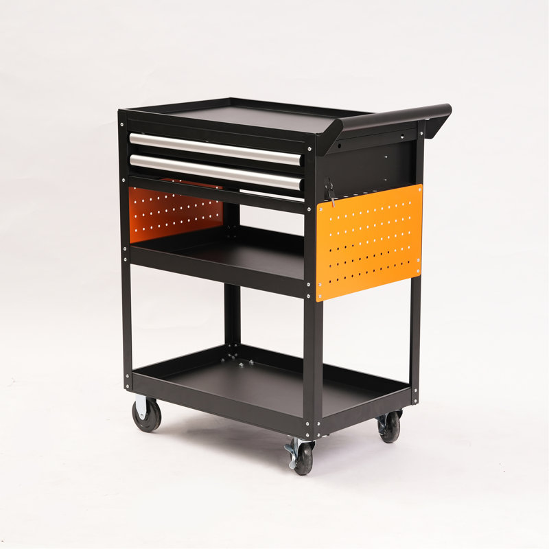 Chariot à outils roulant robuste avec 2 tiroirs, armoire de rangement utilitaire en acier à 5 niveaux, coffre à outils mobile avec roues verrouillables pour garage ou atelier, noir et orange