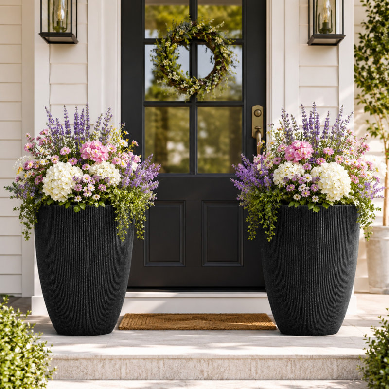 Ensemble de 2 pots à fleurs ronds noirs avec trou de drainage 19,09 "H, Noir