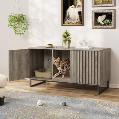 Cat Litter Box Enclosure For 2 Cats, 47.6’’ Litter Box Furniture Hidden With Cat Scratch Pad, Double Room Large Cat Cabinet, Indoor Cat House Tv Stand Side Table,Cat Washroom