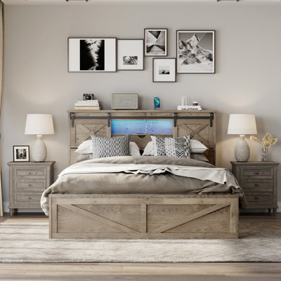 Farmhouse King Size Bed Frame With LED Lights And Charging Station
