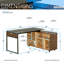 Bureau en coin en L avec plusieurs tablettes de rangement, parfait pour une organisation organisée et efficace