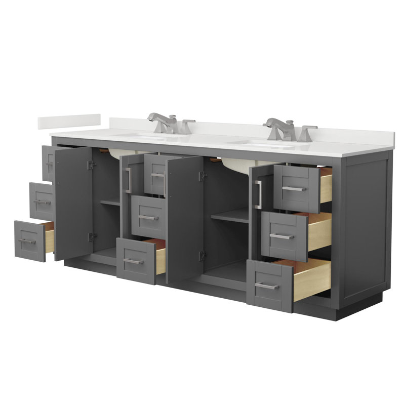 Miranda 84" Freestanding Double Bathroom Vanity with Quartz Top, White Quartz, Dark Gray, Brushed Nickel