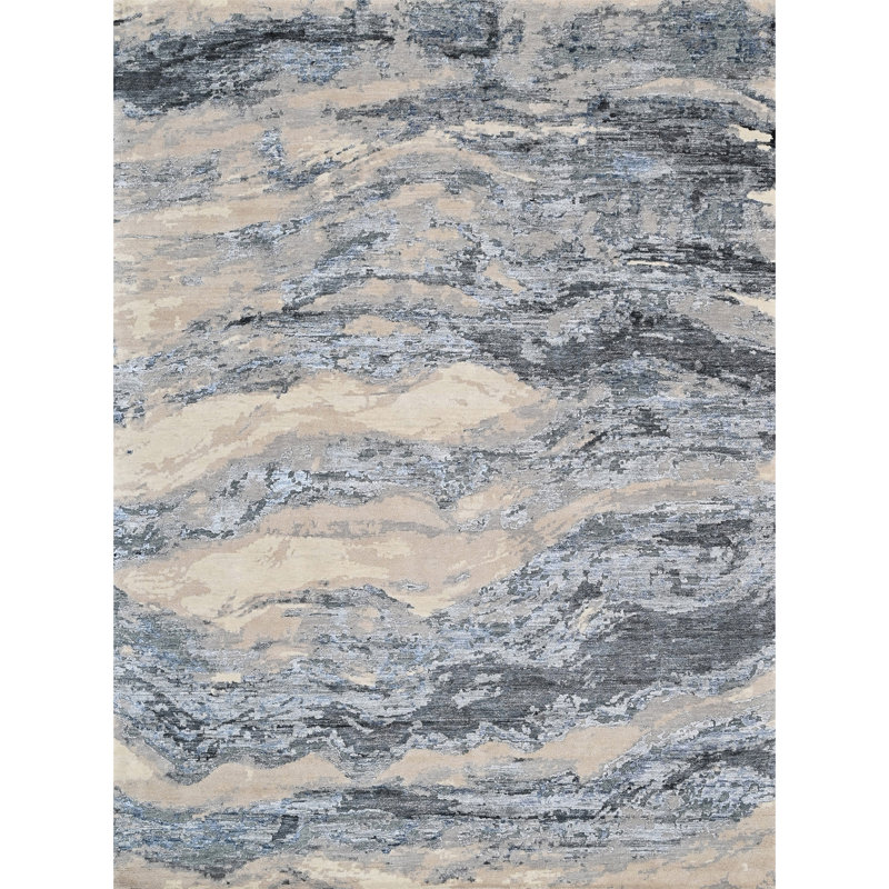 Tapis argenté et bleu noué à la main de haute qualité, Rectangle 12 pi x 15 pi