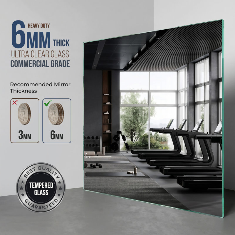 Fab Glass and Mirror Large Gym Mirror for Home Gym 48x32 - Full Length HD Tempered Glass Wall Panel - Professional Workout Display with Safety Backing - 1/4 Inch Commercial Grade