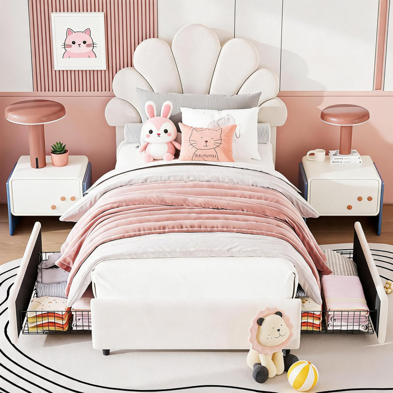 Structure de lit simple en velours pour enfants, style princesse, 2 tiroirs de rangement, tête de lit tapissier, blanc, Pink