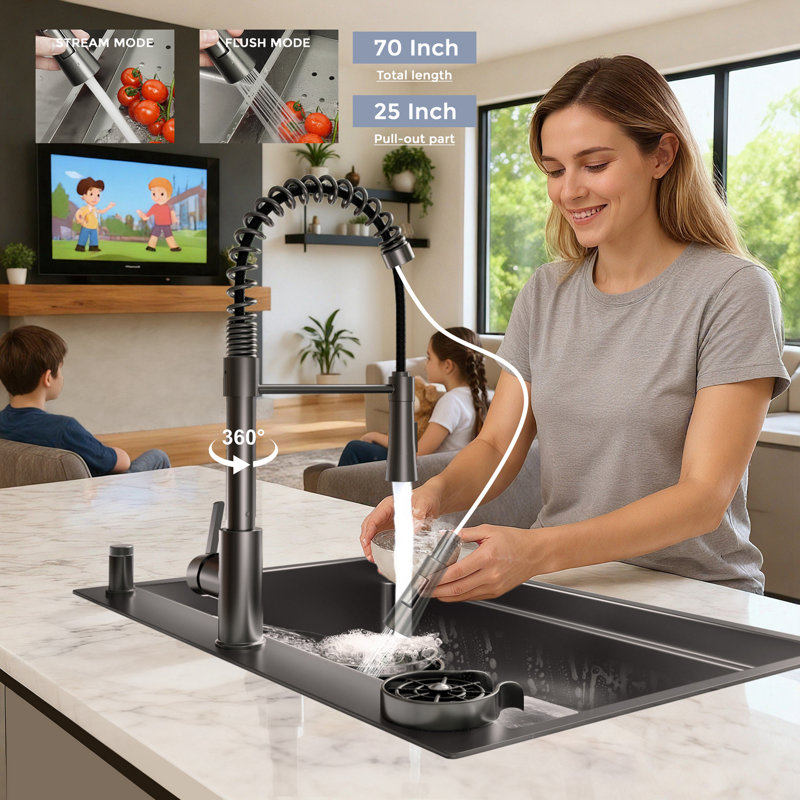 Évier de cuisine en cascade 33 po avec robinet escamotable noir
