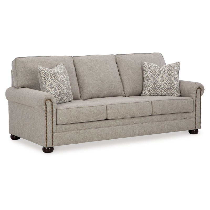 Canapé Gael, polyester gris beige, garniture cloutée brun foncé 87 po