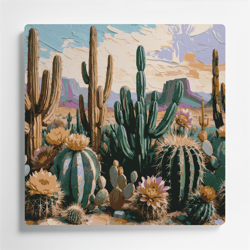Art mural en métal gris motif sud-ouest à motif de cactus 204, H 32 po x l 32 po