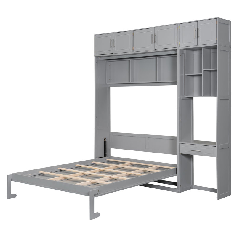 Lit escamotable mural peu encombrant avec bureau, armoires supérieures et tablettes de rangement pour petits appartements