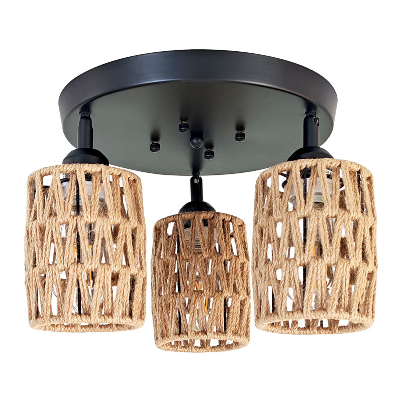 3-light Woven Rattan Semi-flush Mount Light, Boho Farmhouse Ceiling Fixture For Bedroom, Porch, Entryway