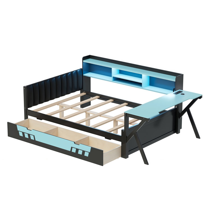 Lit en bois avec bibliothèque, bureau intégré, éclairage DEL et borne de recharge, Lit double, Noir-bleu