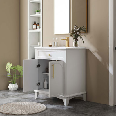 Meuble-lavabo moderne 27,8 po avec surface peinte, meuble-lavabo autoportant Mid-Century avec rangement, meuble-lavabo haut de gamme avec tiroirs et poignées en métal