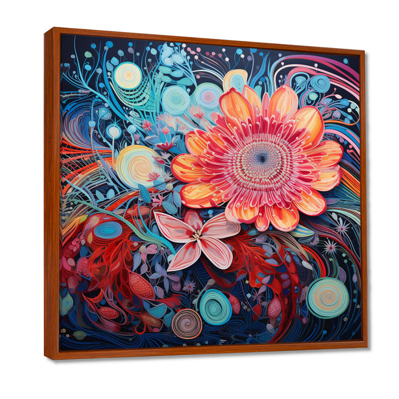 Décoration florale rouge sur fond bleu cosmique - marguerite, Métal métal, H 16 po x l 16 po x P 1 po