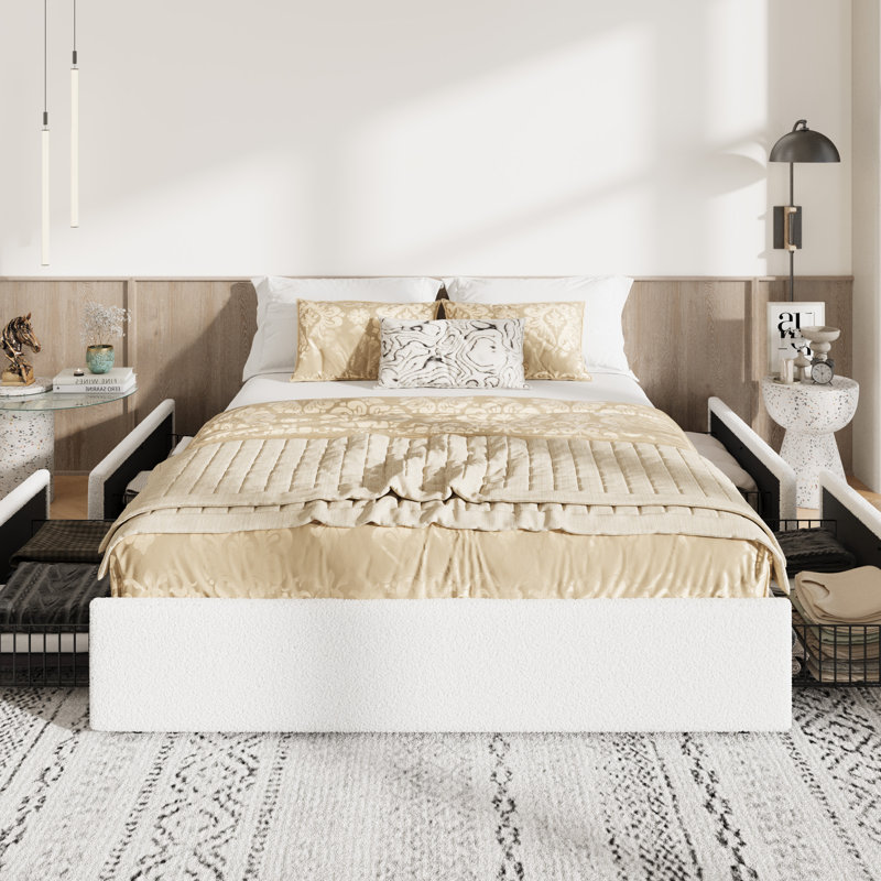 Modern Teddy Bouclé Platform Storage Bed With 4 Locking Drawers, No Box Spring Needed, Queen