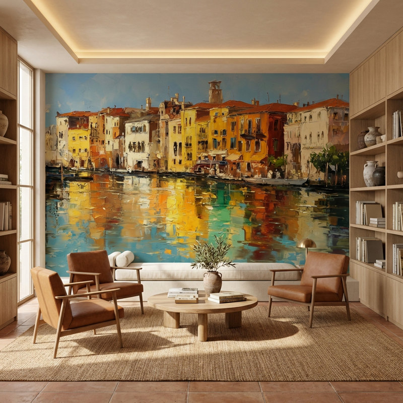 Panneau mural de bâtiments colorés bord de mer Méditerranée, Non tissé, 160 po x 108 po