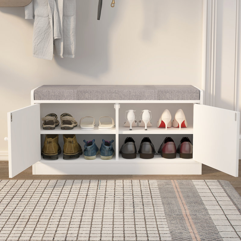 Banc de rangement pour chaussures avec armoire à 2 portes, banc d'entrée avec rangement pour chaussures, banc de chaussures avec coussin, tablettes réglables, banc de rangement pour chaussures