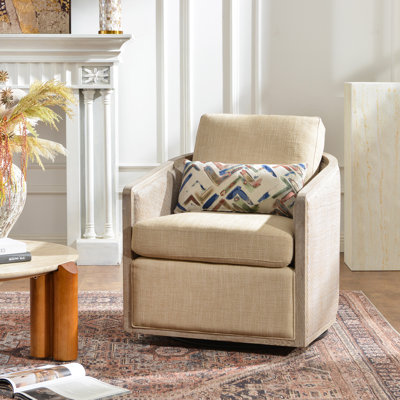 Linen Blend Solid Wood Cane Swivel Chair
