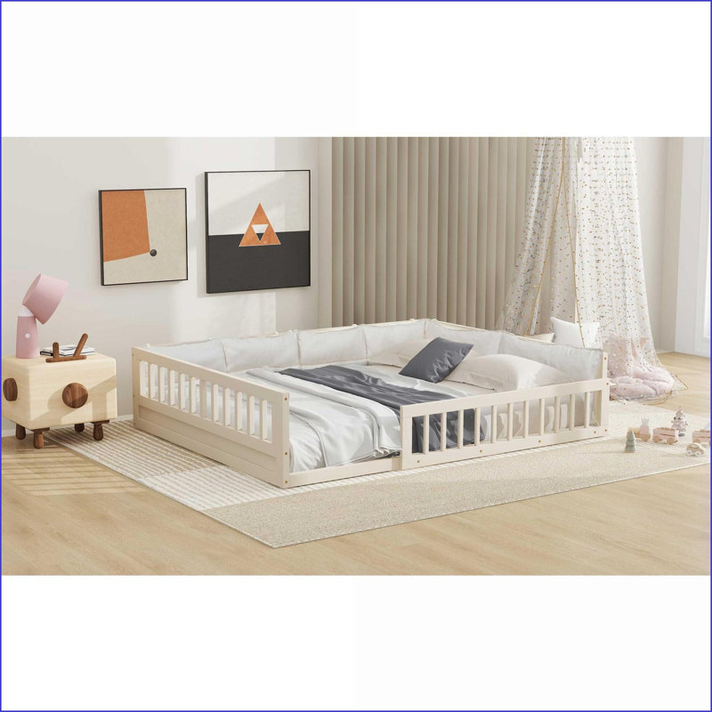 Lit plateforme double rembourré en bois de pin avec garde-corps & amp; Coussin, beige - Aucun sommier nécessaire pour la chambre à coucher