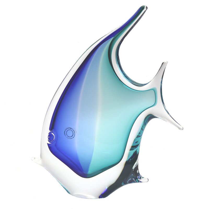 Poisson tropical en verre de Murano, H 10 po x l 9,5 po x P 2,5 po, Aqua / bleu