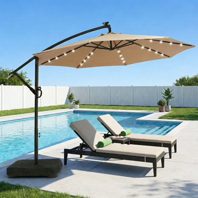 10 ft. Solar LED Patio Offset Umbrella Outdoor Cantilever Umbrella with Weighted Base