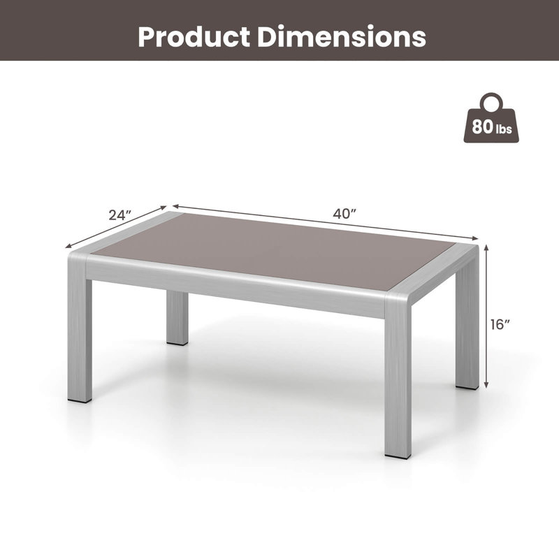 Table d'appoint d'extérieur rectangulaire en aluminium avec plateau en verre trempé
