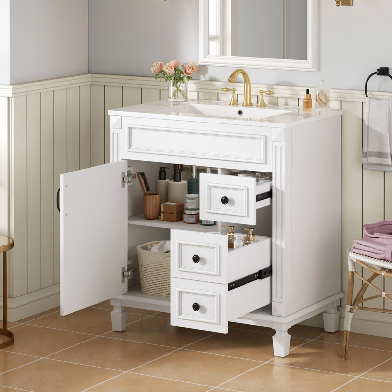 Meuble-lavabo de 30 po avec lavabo en céramique, deux tiroirs et tablette réglable - Rangement pratique pour les petits articles de toilette