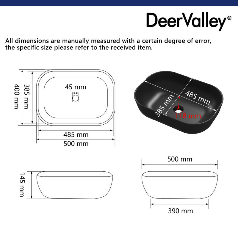 DeerValley Ceramic Vessel Bathroom Sink, Countertop Rectangular Basin, 50 x 40 x 14.5 cm, Black