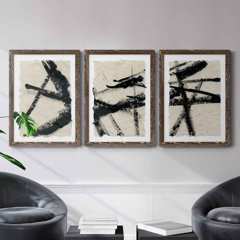 «Lines Crossed I», ensemble de 3 peintures sur toile encadrées, H 20 po x l 51 po x P 1,5 po, Noyer